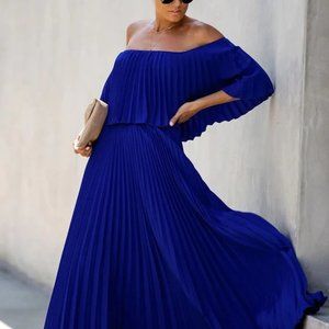 Blue ruffled pleated chiffon maxi dress